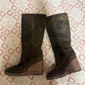 Frye Boots Olive Brown distressed Leather Wedge Heel Harlow campus Tall Women